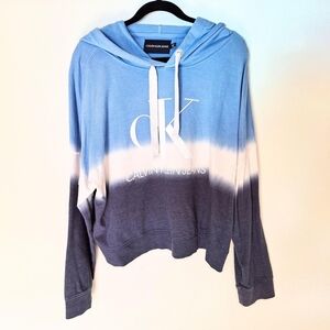Calvin Klein Jeans Womens Cropped Hoodie Size 2XL Blue/White Striped Long Sleeve